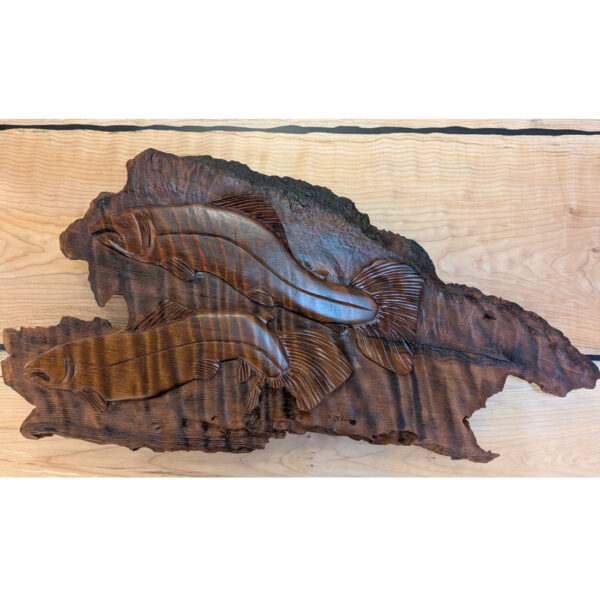 Two-Salmon Redwood Wall Carving, 37 x 20 x 1