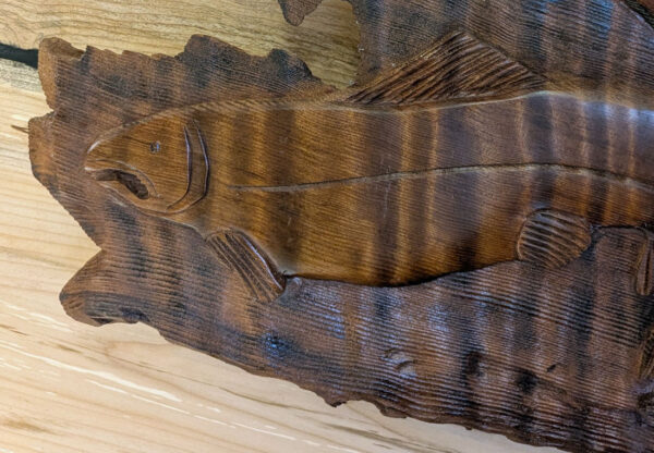 Two-Salmon Redwood Wall Carving, 37 x 20 x 1 - Image 2