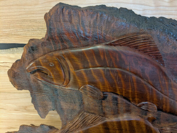 Two-Salmon Redwood Wall Carving, 37 x 20 x 1 - Image 3